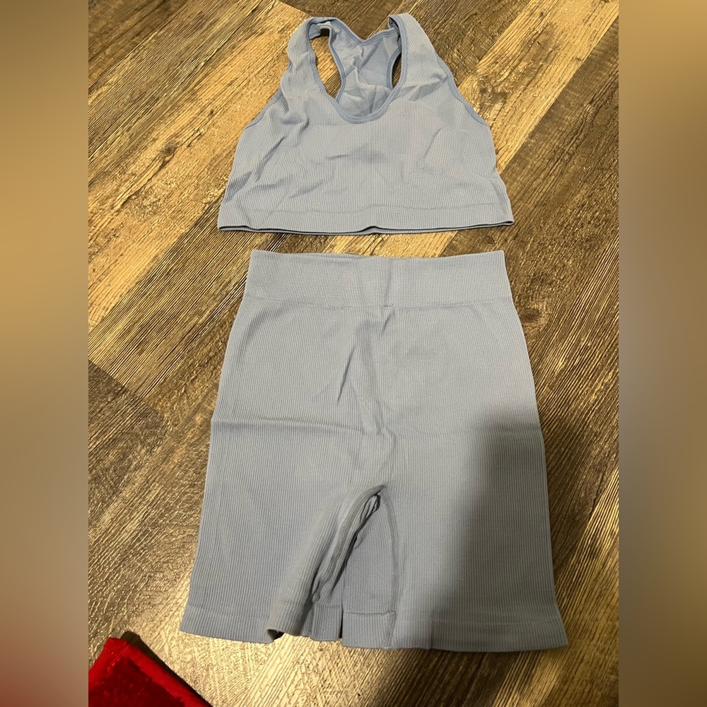 Gray Ribbed Sports Bra and Shorts Set